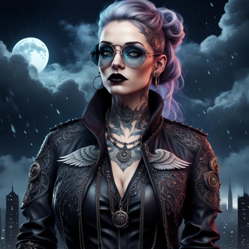 Gothic Woman with Piercings in Surreal Halloween Scene