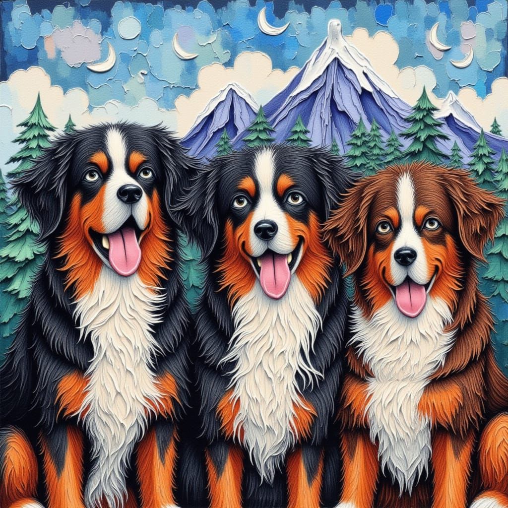 three quirky smiling Bernese  mountain dogs: exaggerated fac...