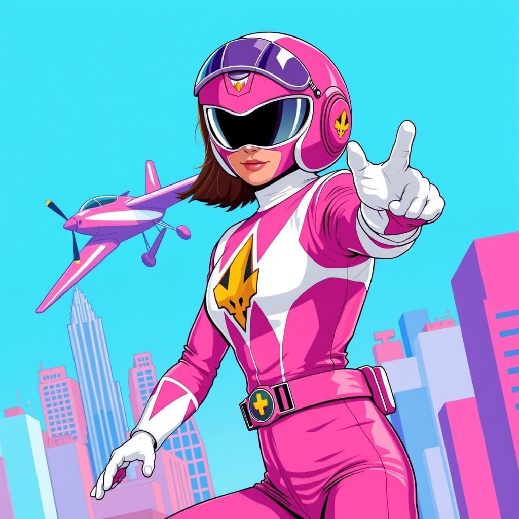 Amelia Earhart as Pink Power Ranger in Cityscape