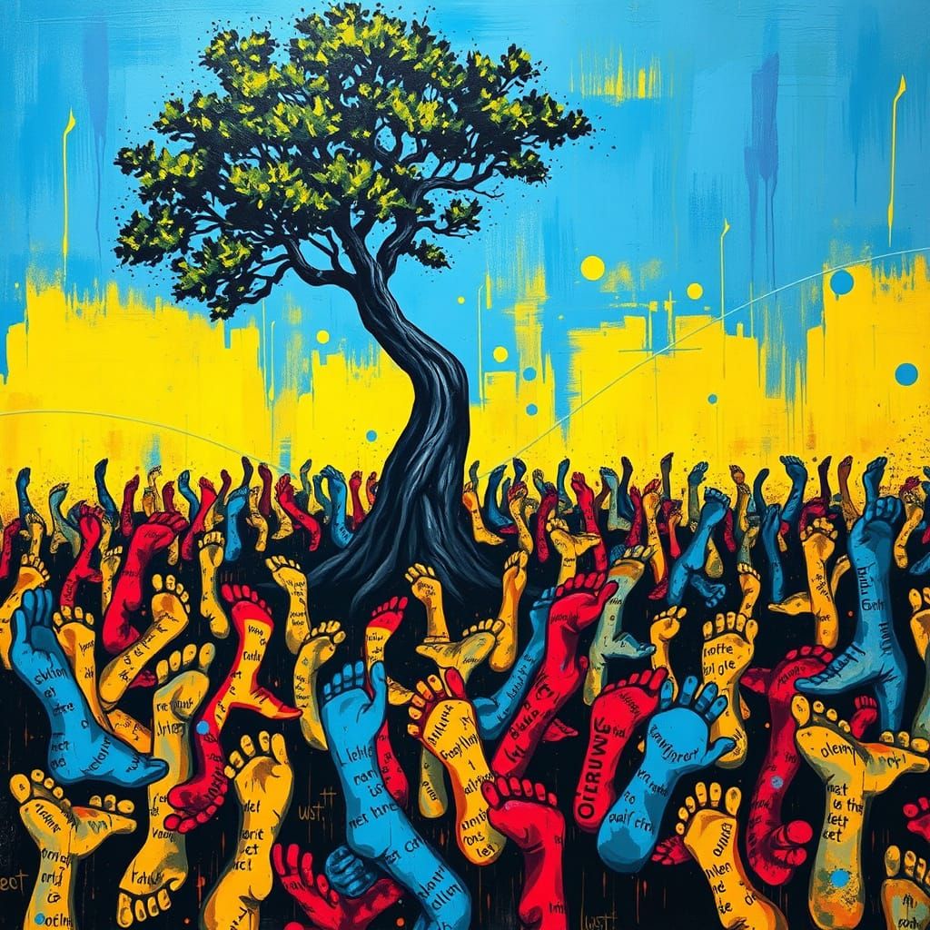 Abstracted Tree Surrounded by Dancing Feet in Graffiti Art