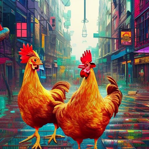Epic Chicken Landscape in Vibrant City, Digital Art