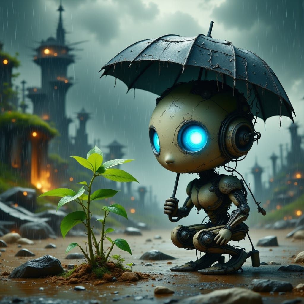 Cute Robot Shelters Plant in Post-Apocalyptic Wasteland