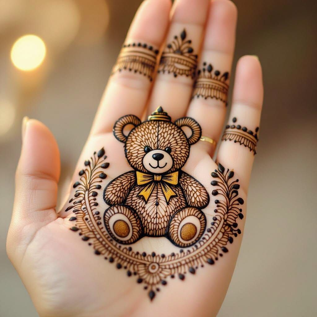 Teddy Bear Mehndi Design on Hand in Warm Golden Light