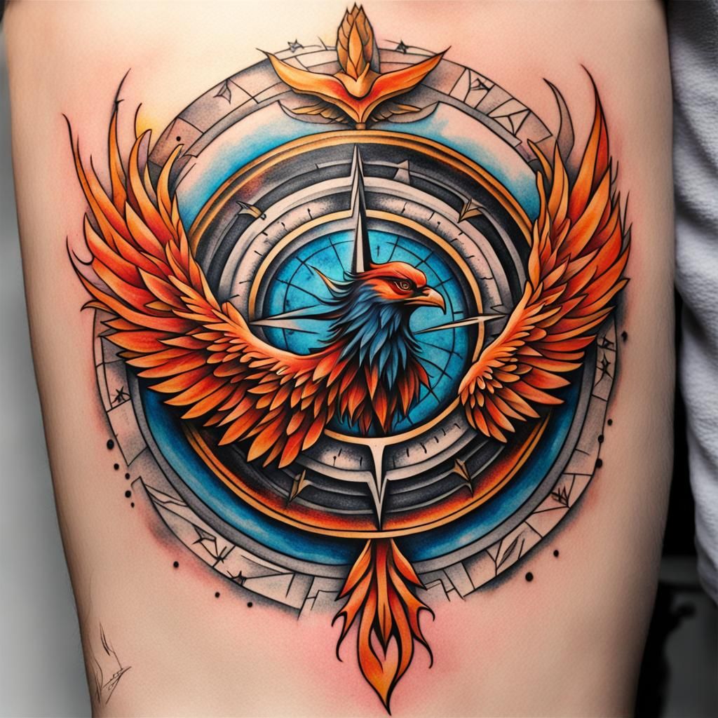 Phoenix and Compass Rose Tattoo in Realistic Graphics