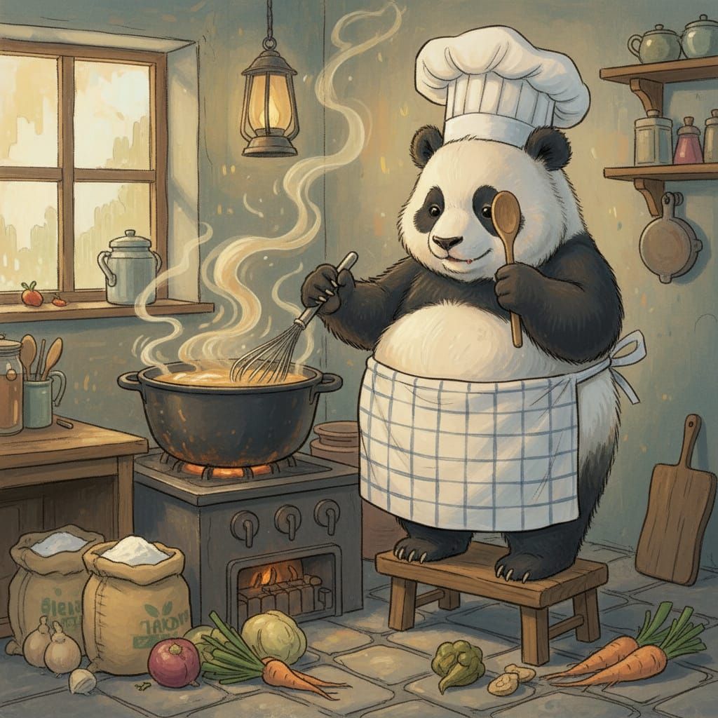 Panda Chef Stirring Roux in Potter Style