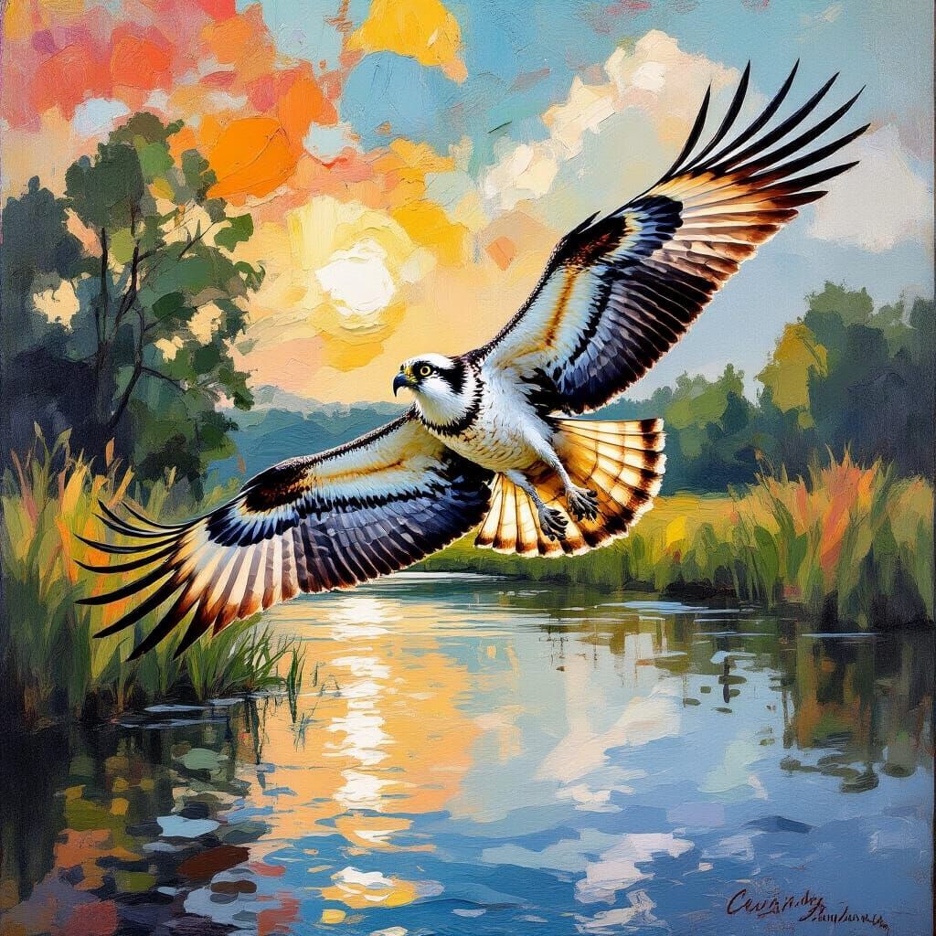 Osprey in Flight: Neo-Impressionist Impasto Painting