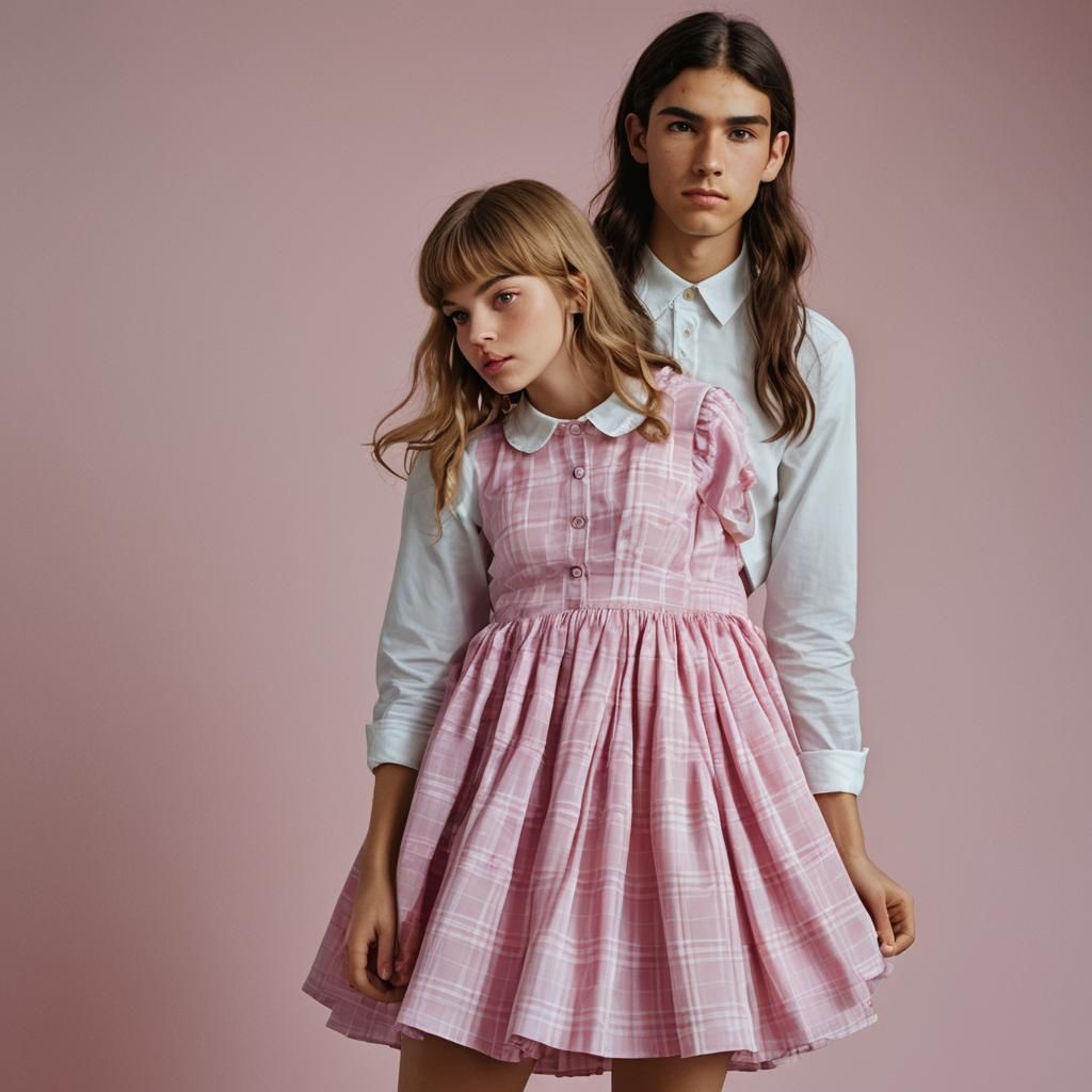 Girl Lifts Skirt of Crossdressing Boy: Portrait Photography