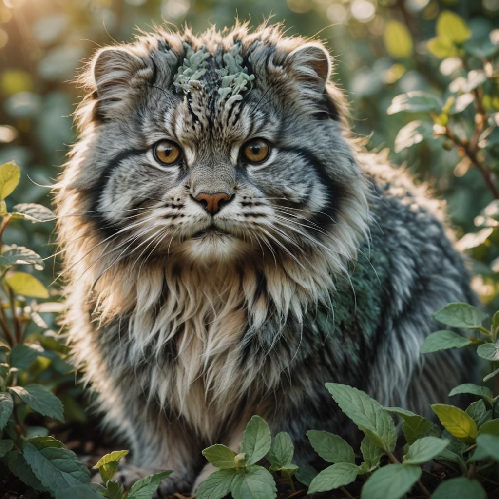 Fluffy Mint Manul in Mint Leaves, Cinematic Still