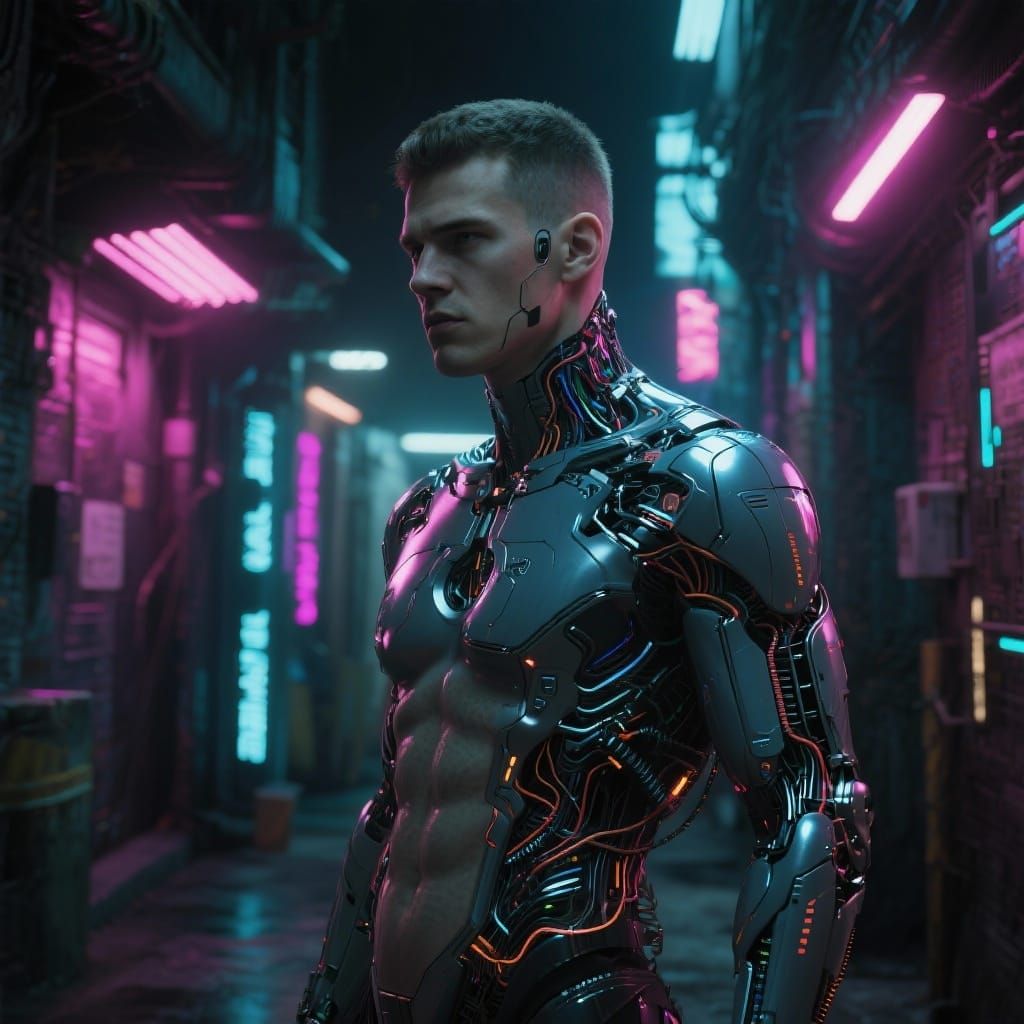 Cybernetic Man in Neon Alley, Cyberpunk Style