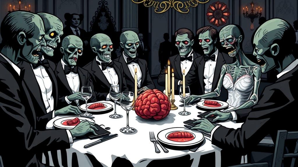 Zombies Attend Formal Dinner, Brains on Table