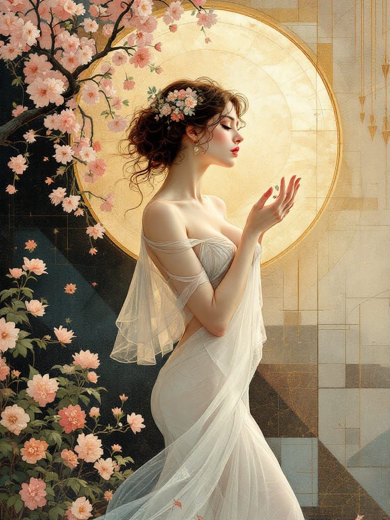 Art Nouveau Goddess with Blossoms and Geometric Garden