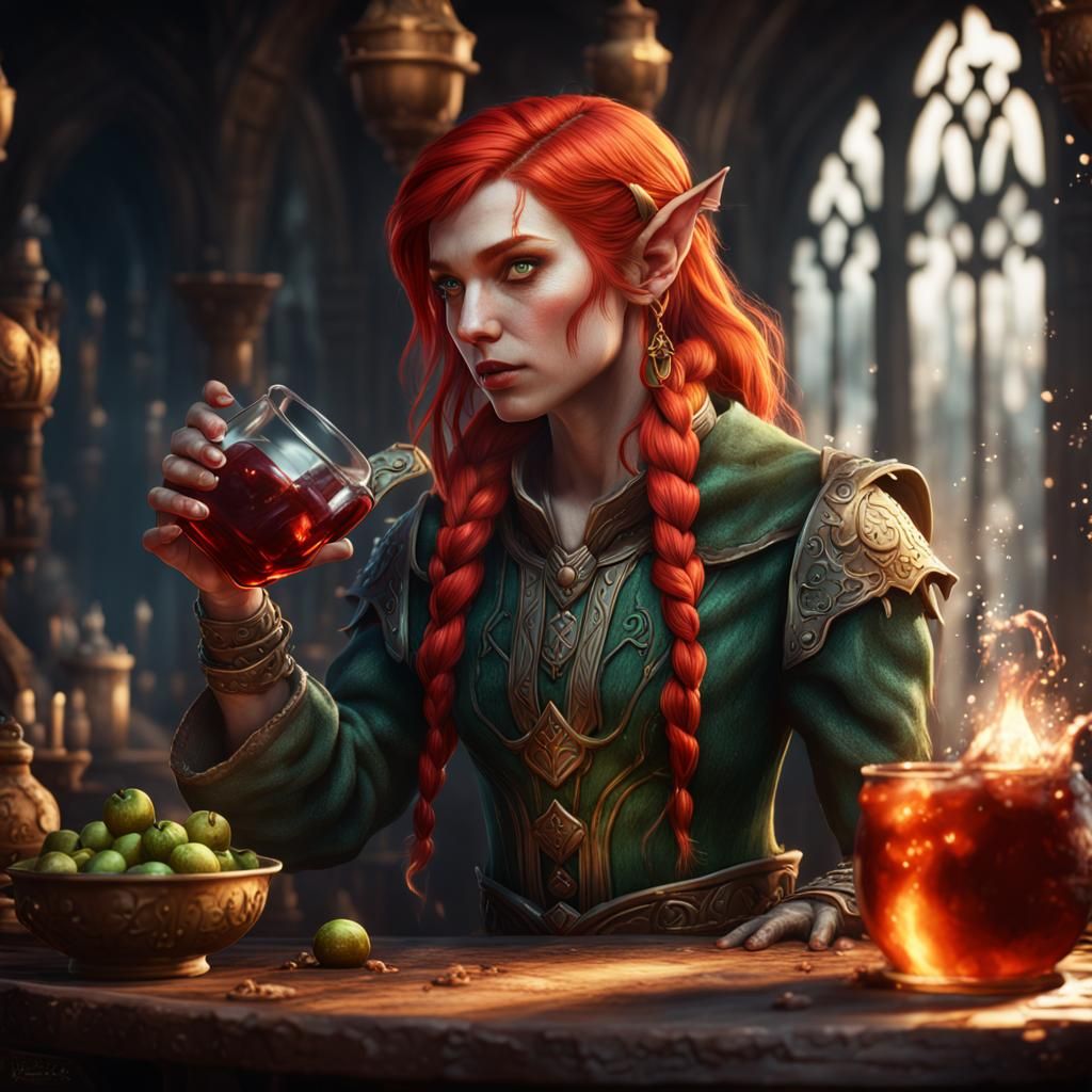 Red-Haired Elf Drinks Potion in Fantasy Art