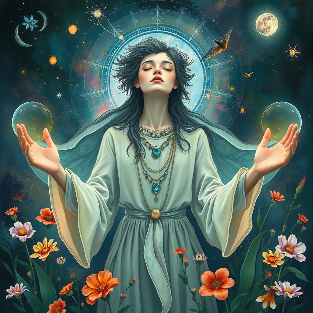 Enigmatic Cosmic Seer in Vibrant Bohemian Attire