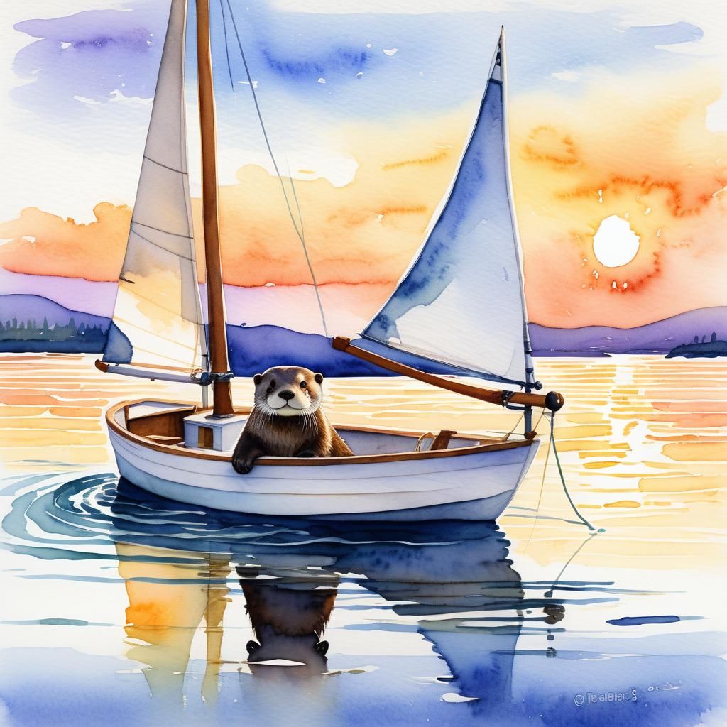 Otter Sailing at Sunset in Watercolor Style