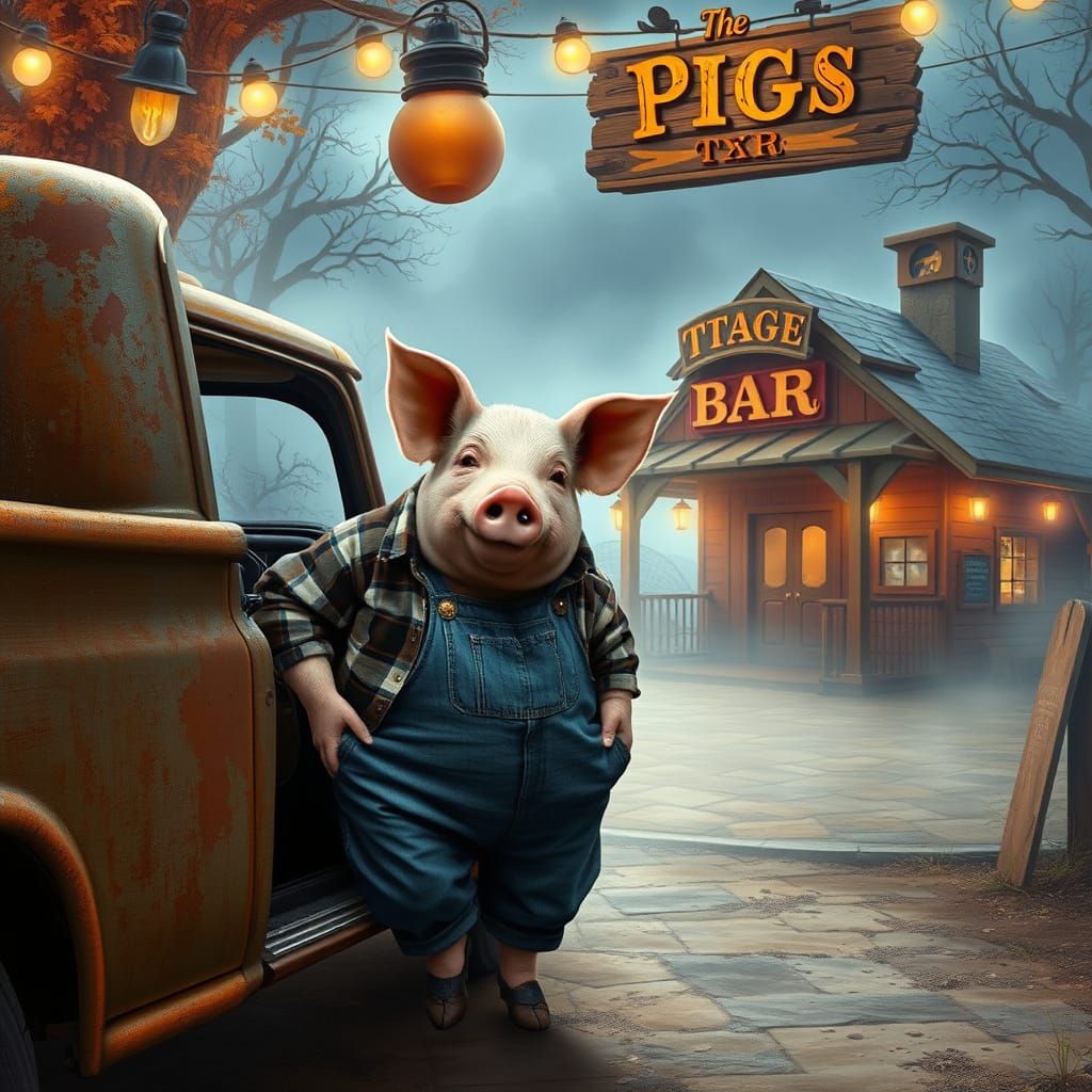 Pig in Overalls Enters Whimsical Bar in Surrealist Style