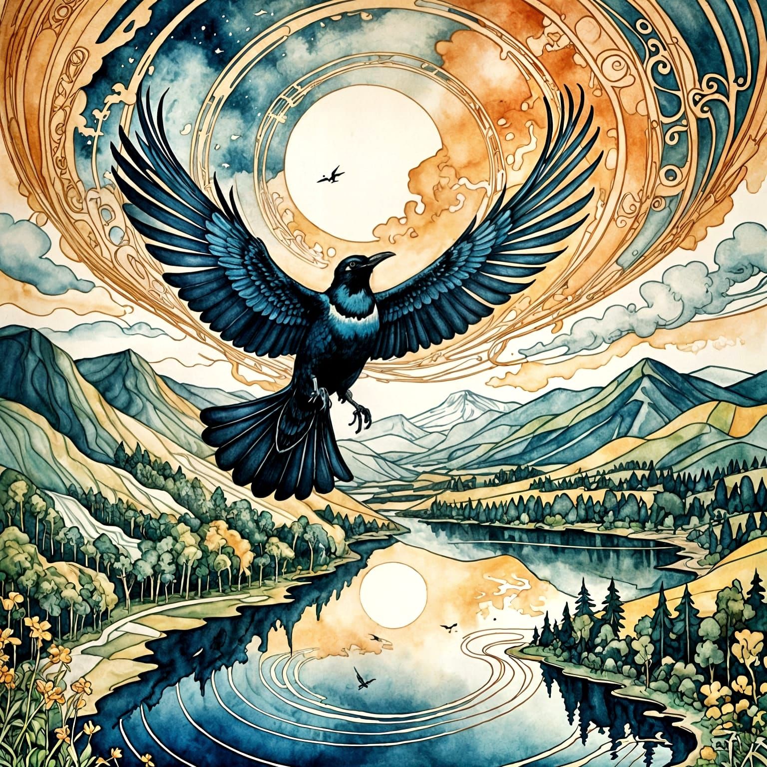 Magpie Flight Above Hyperbolic Lake, Art Nouveau Style