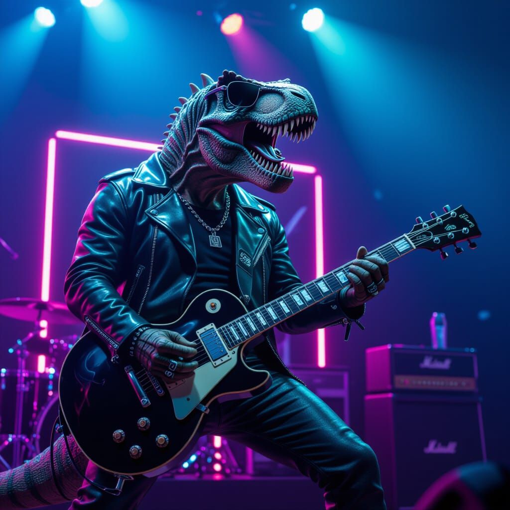 T-Rex Shreds Guitar in 80s Heavy Metal Style