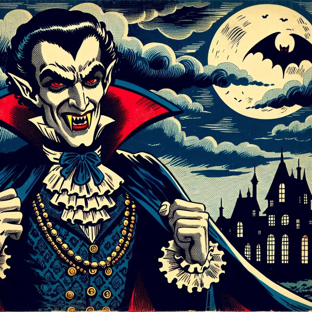 1940's sword and sorcery comic book art of Count Dracula