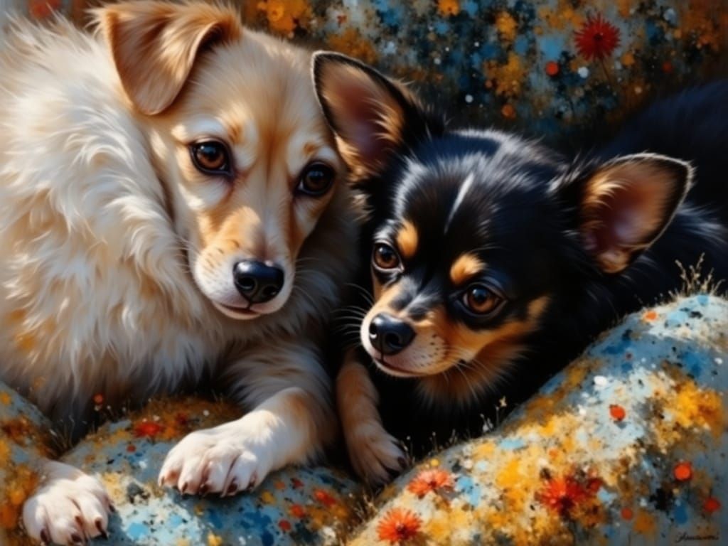 Joyful Dogs Playing on Sunny Meadow in Impressionist Style