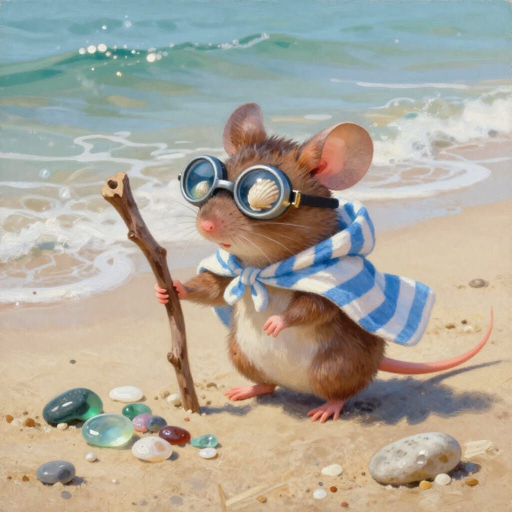 Tiny Beach Mouse Explorer in Oil Painting Style