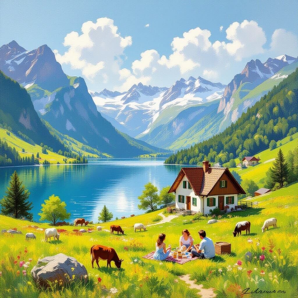 Fairy Tale Swiss Valley with Family Picnic