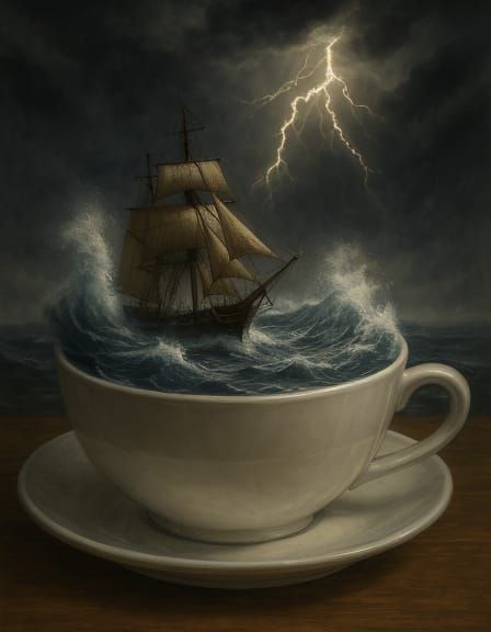 Ship in Teacup Storm: Vivid Oil Painting
