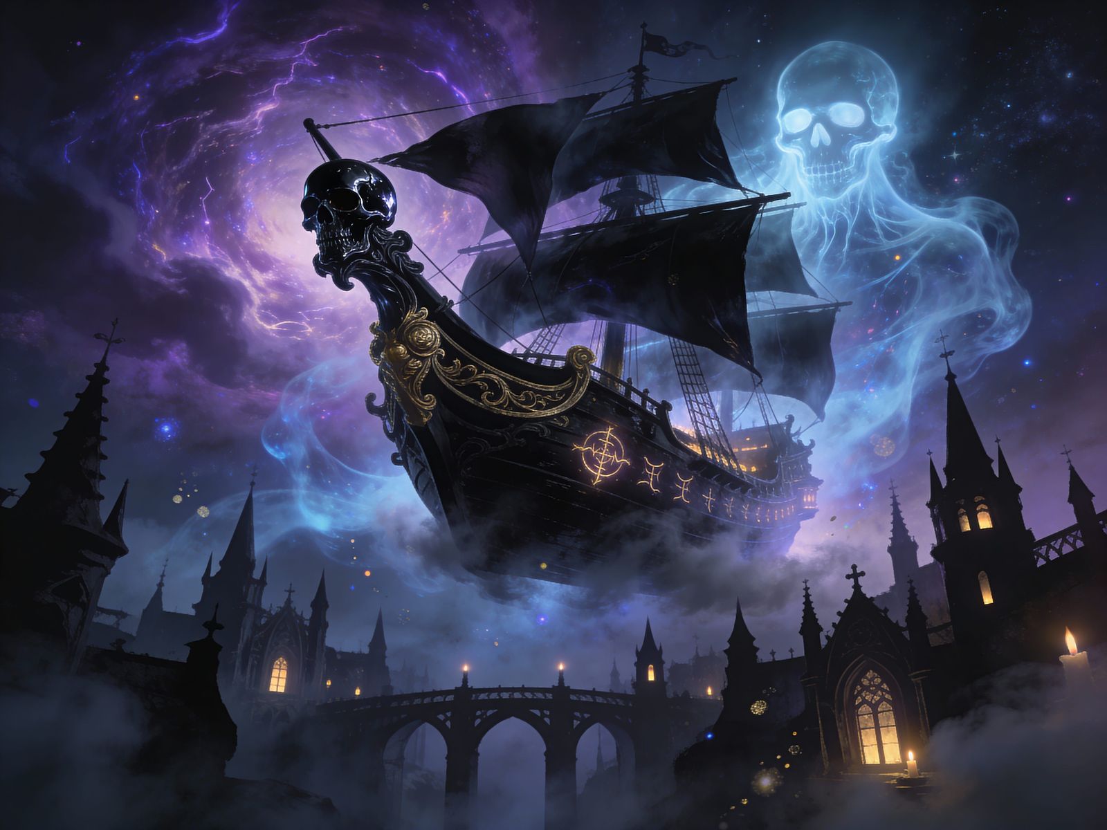 Ghostly Pirate Ship in Ultraviolet Nebula Sky