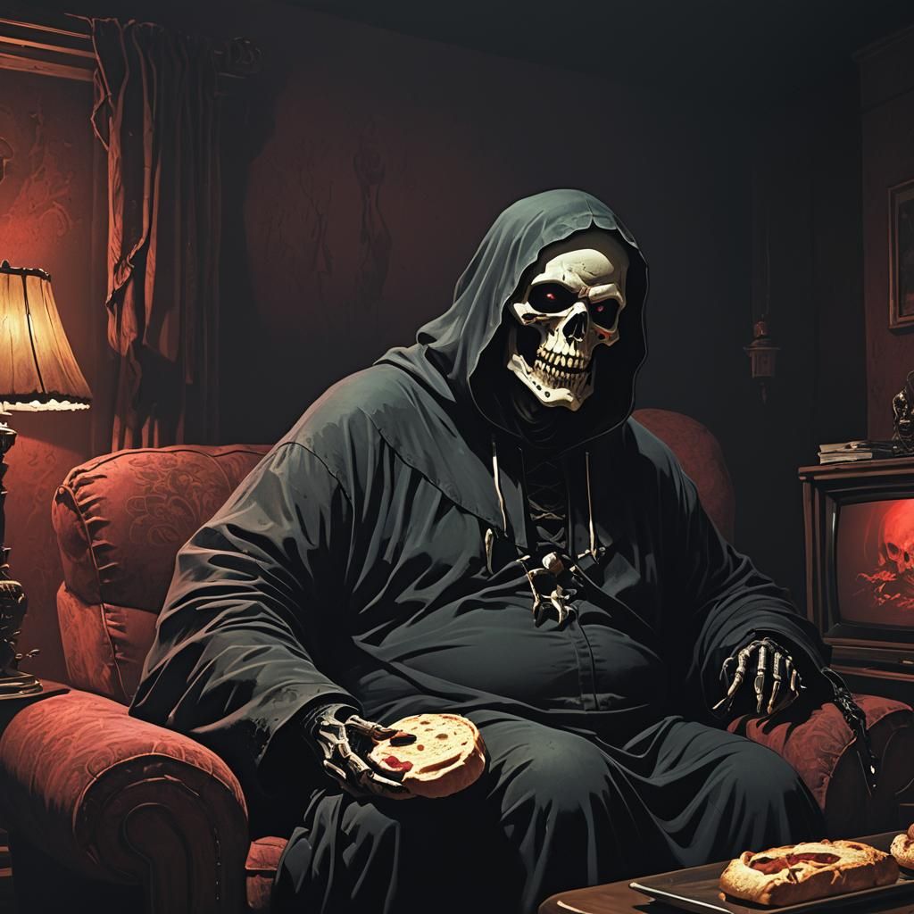 The Fat Holy Reaper Eats Bread: Digital Art