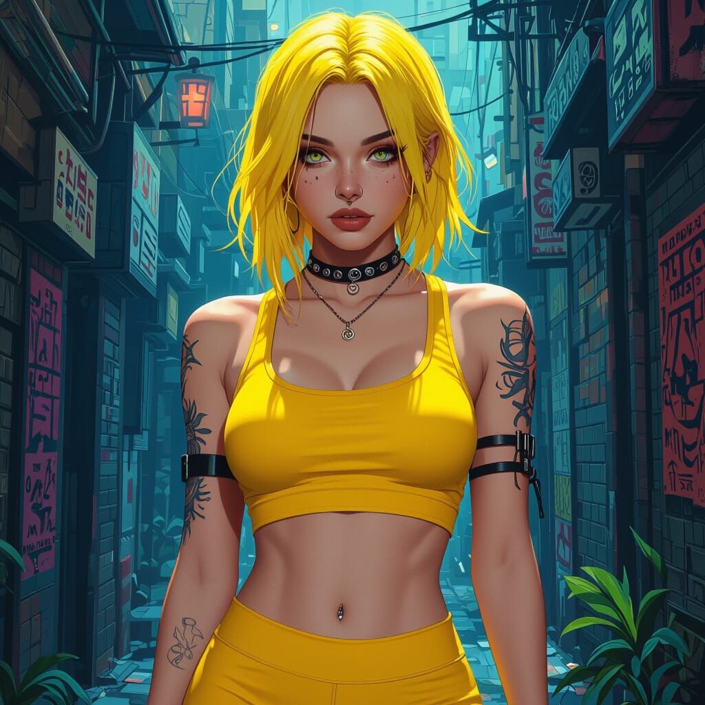 Emo Girl with Yellow Hair, Detailed Matte Painting