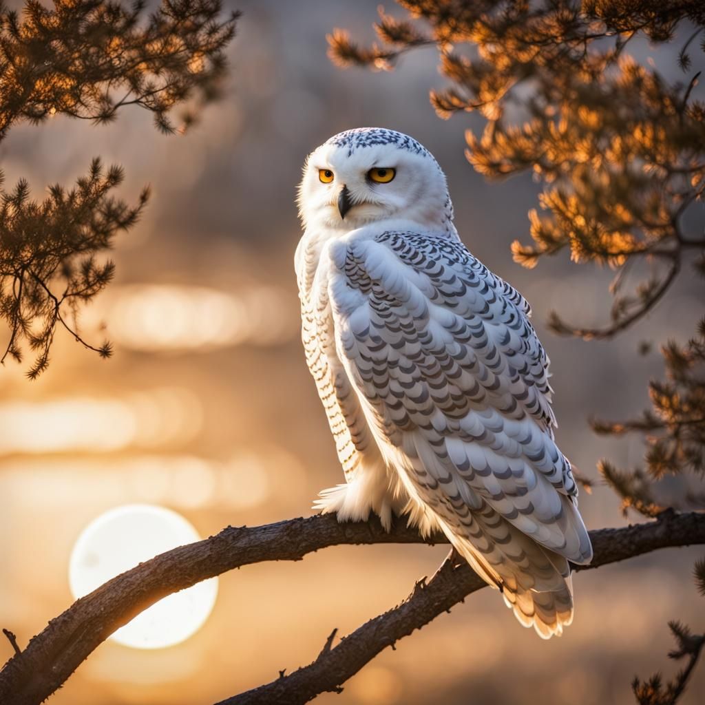 Snowy Owl on Branch at Dusk: Realistic Photo