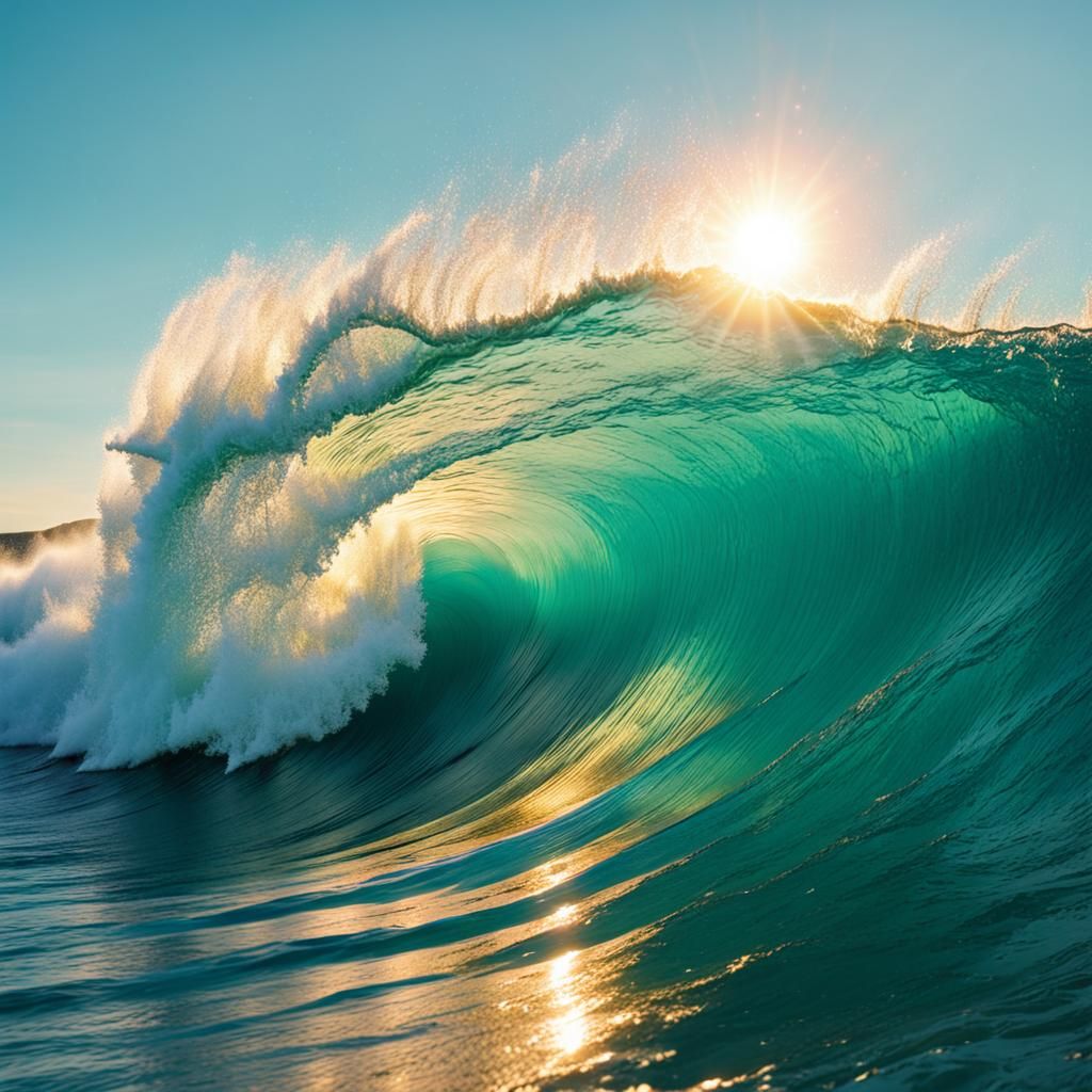 Turquoise Wave Under Golden Hour Sun Rays