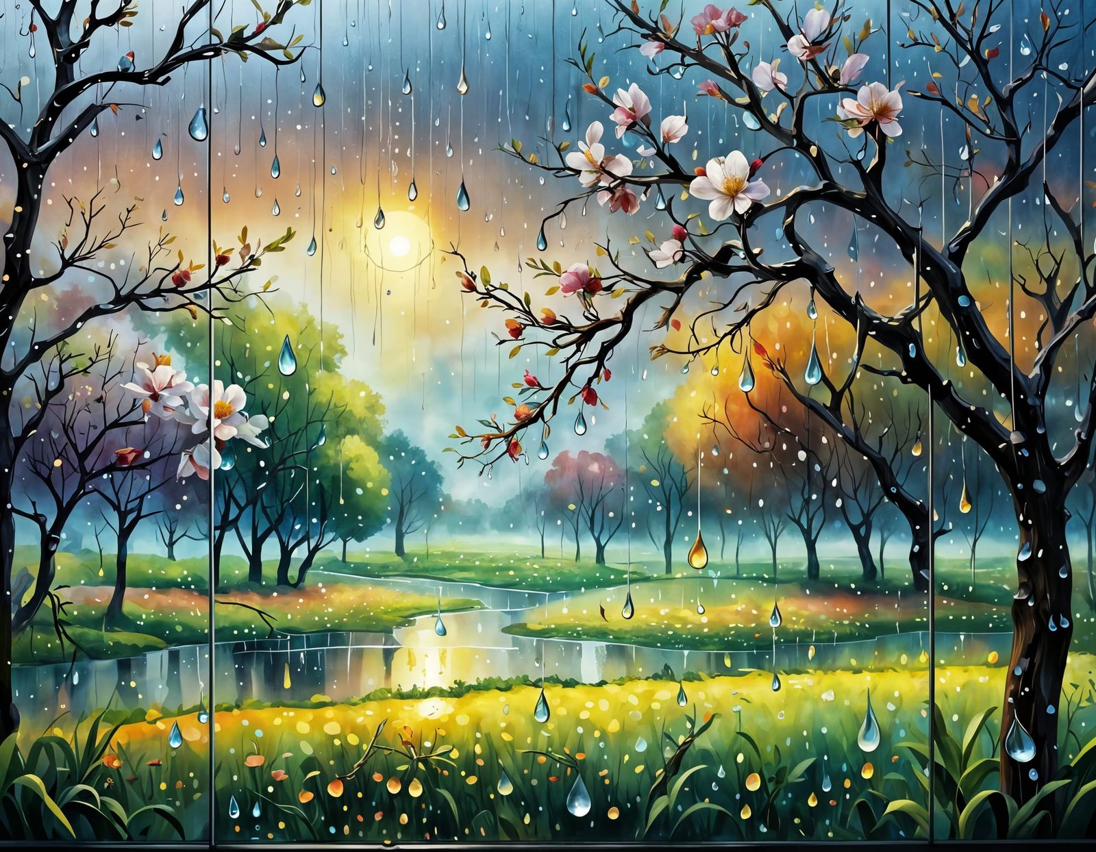 Dreamy Orchard Scene Through Rain-Streaked Window