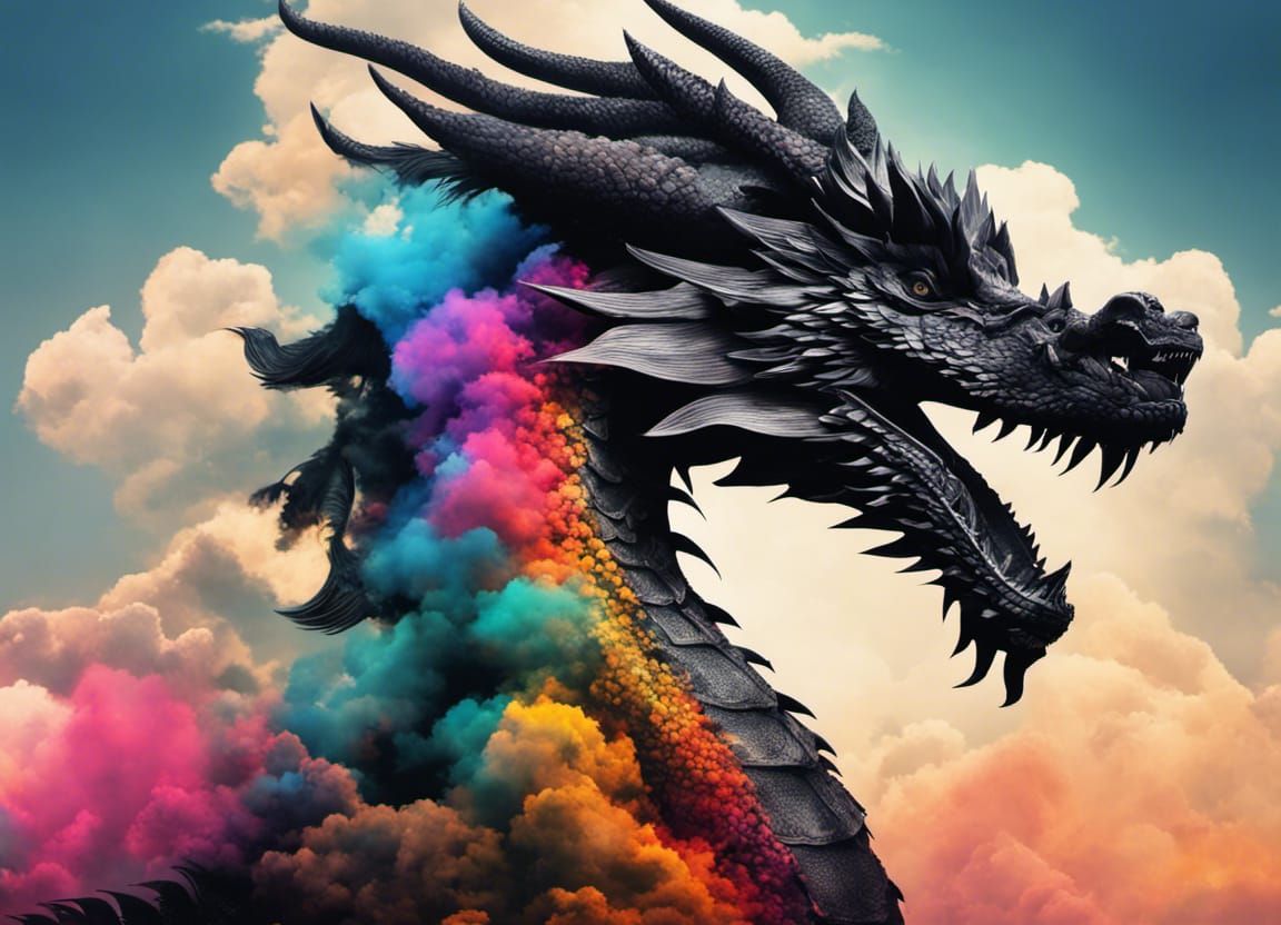 Colorful Cloud Dragon Silhouette in Double Exposure