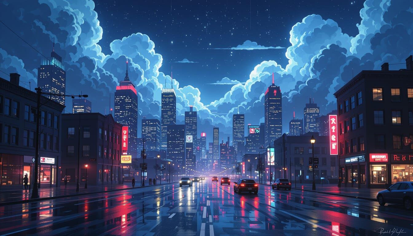 Surreal Midnight Cityscape with Neon Reflections