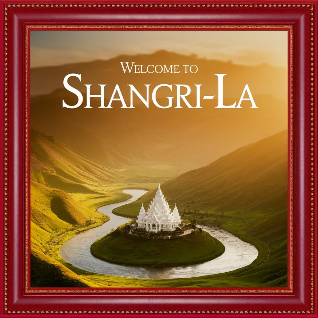 Framed Shangri-La Valley View with Temple