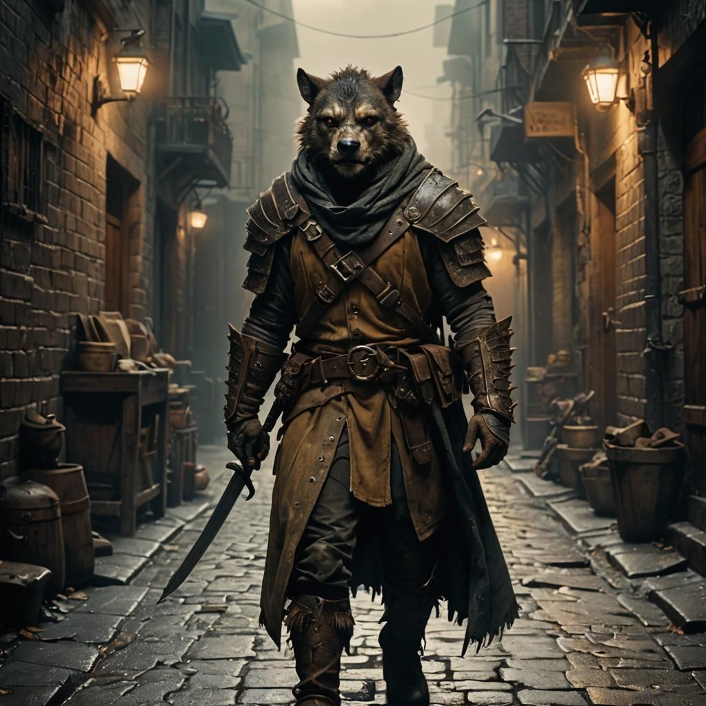 Gritty Gnoll Ranger in Dimly Lit Alleyway
