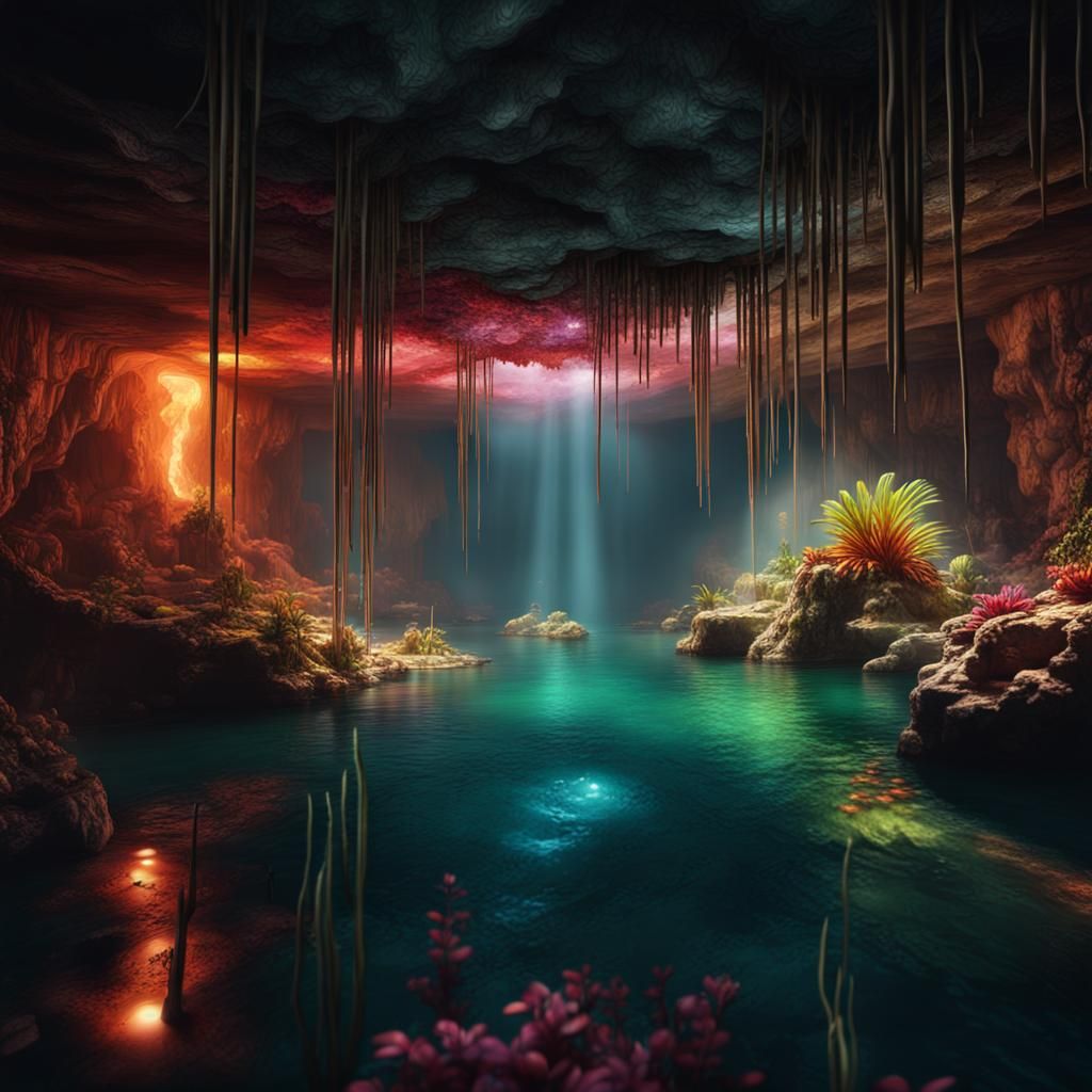Stunning Underground Lake Cenote with Colorful Plants