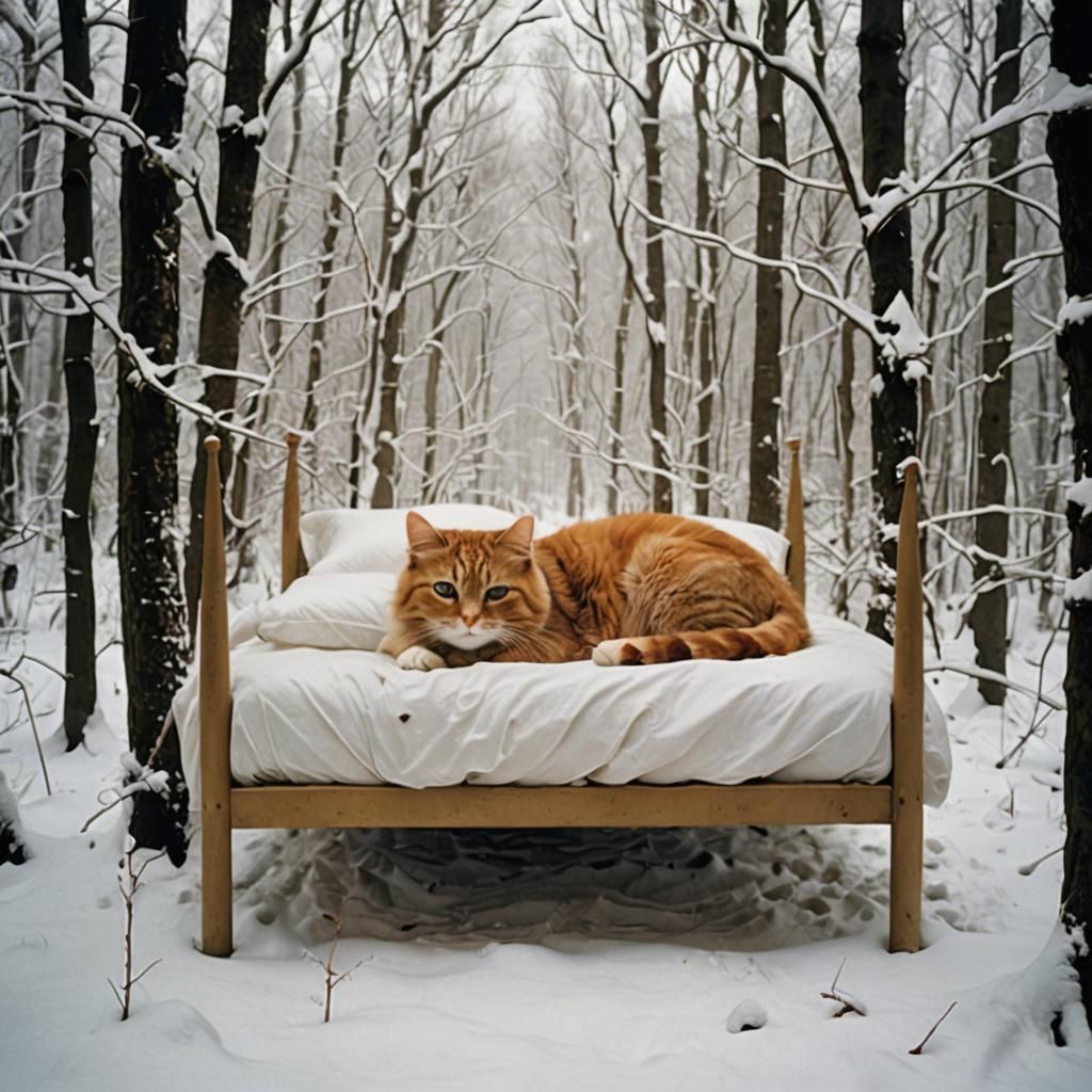 Cat in Snowy Forest Bed: Aesthetic Art