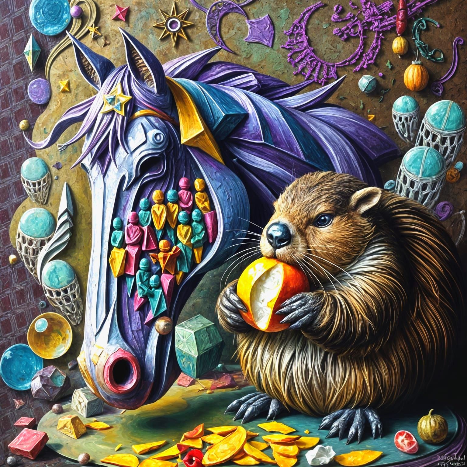 Surreal Impasto Art: Horse, Beaver, and Carambola