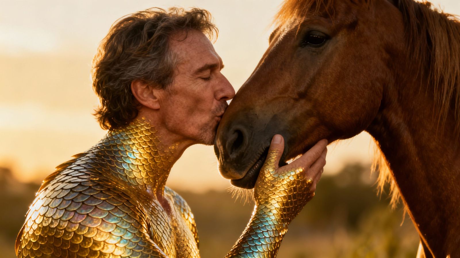 Man with Fish Scales Kisses Horse in Golden Hour Light