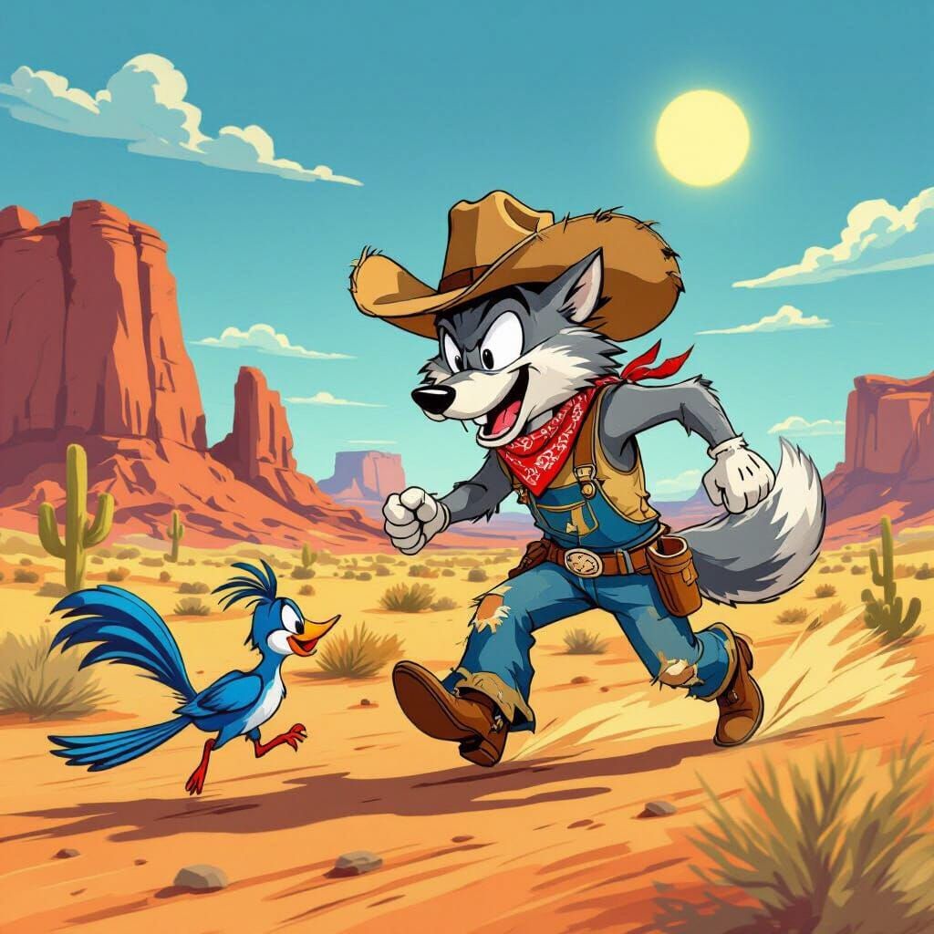 Wolf Chasing Roadrunner in Looney Tunes Style
