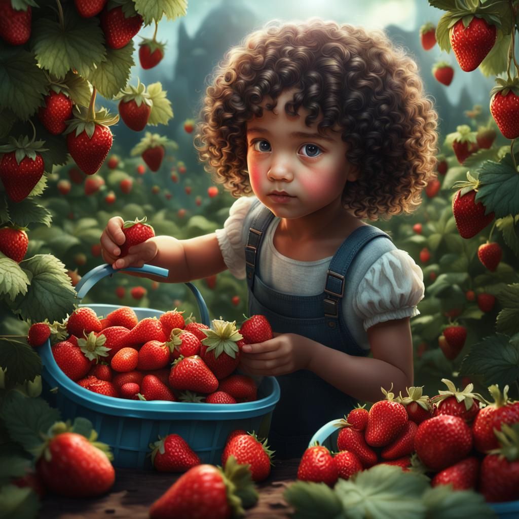 Little Girl Picking Strawberries in Fantasy Art Style