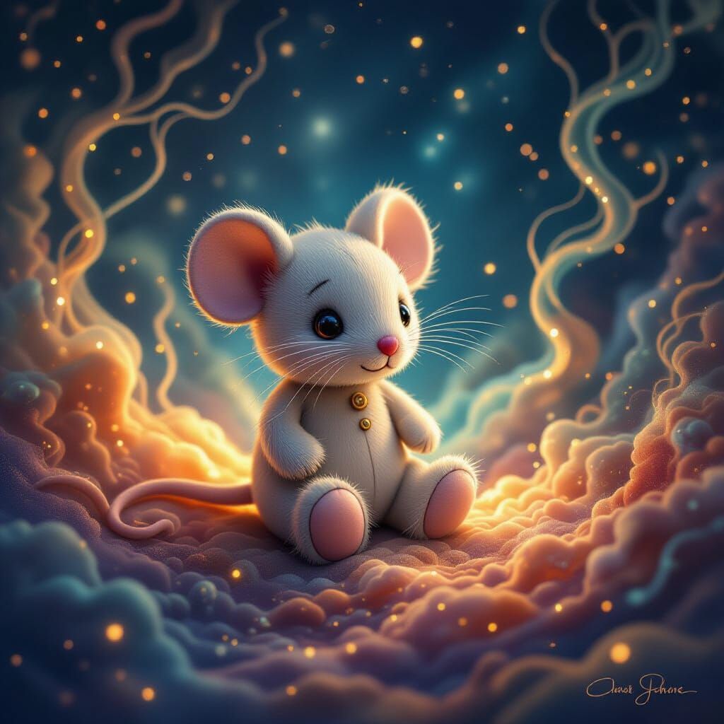 Plush Mouse on Cosmic Nebula in Folk Art Style