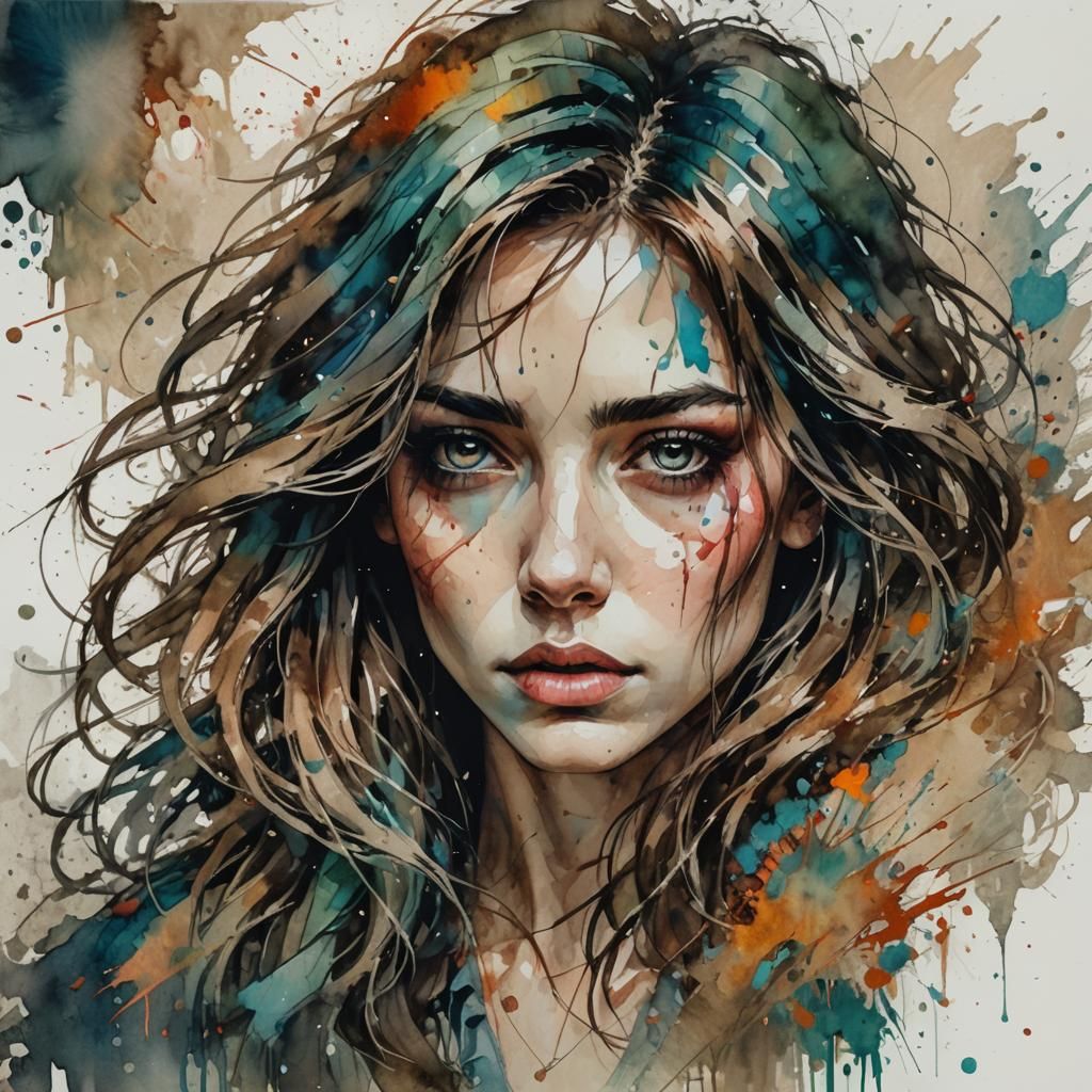 Vibrant Watercolor Portrait of a Woman with Flowing Hair