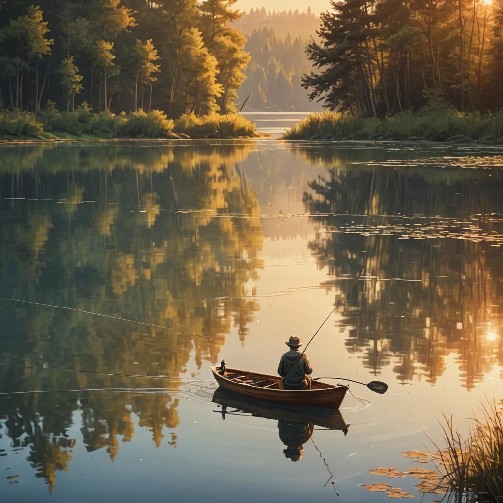 Golden Hour Fishing on Serene Lake: Digital Painting