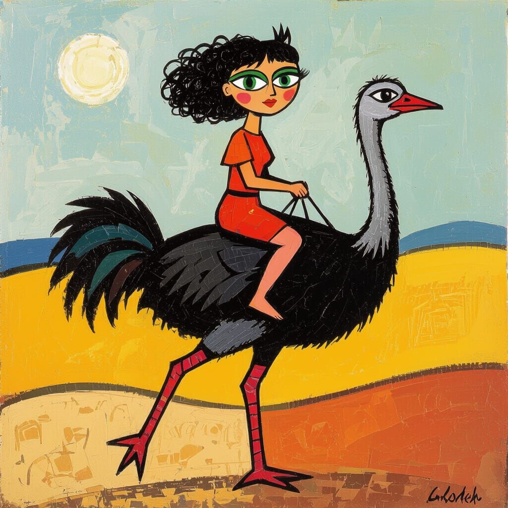 Girl Riding Ostrich in Cobra Art Style