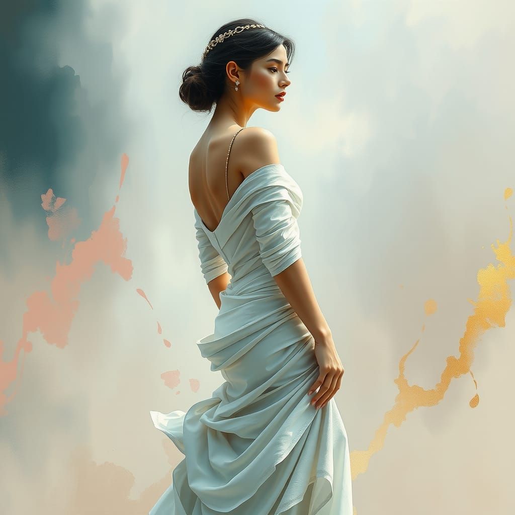 Ethereal Woman in White Couture Dress