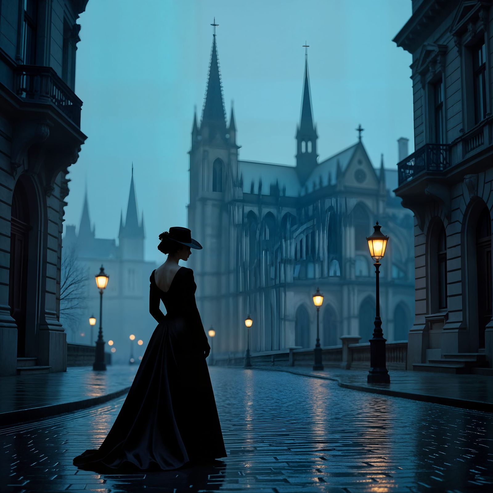 Neo-Gothic City Street Scene with Solitary Figure
