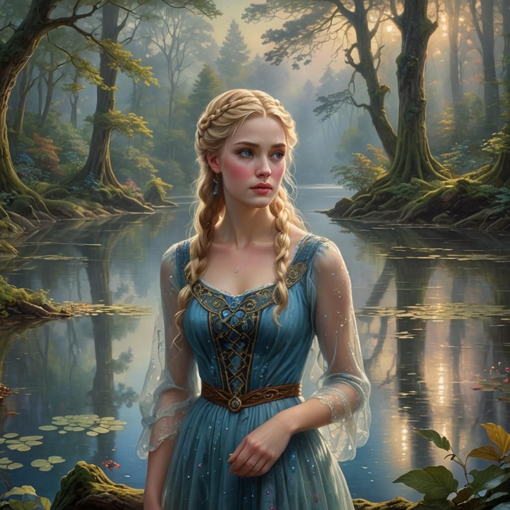 Woman Reflecting in Mystical Forest Lake