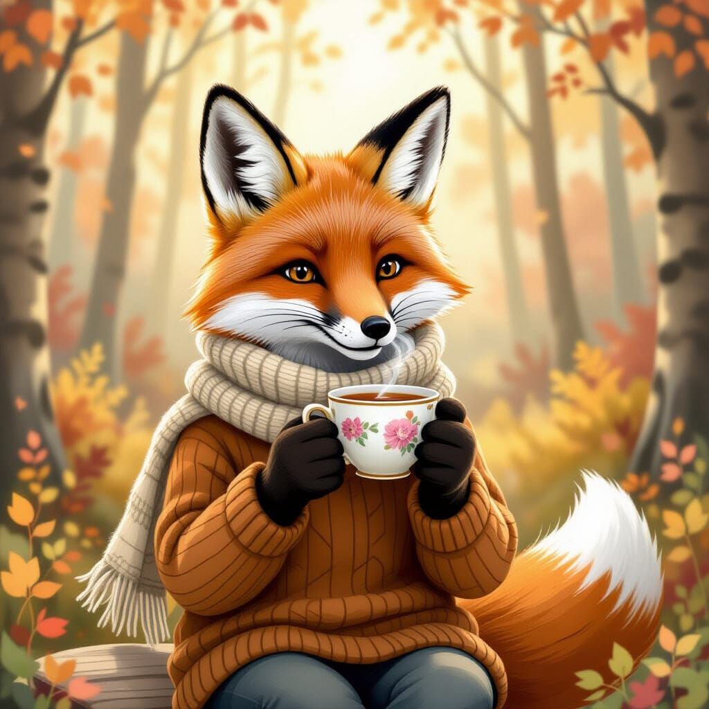 Fox Sipping Tea in Whimsical Forest